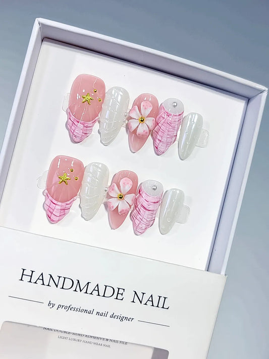 Handmade Press-On Nails — D619 Floral 3D Design