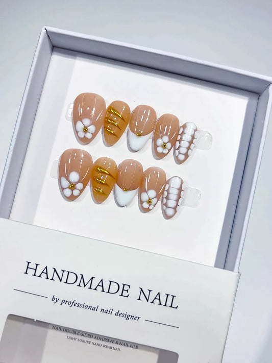 Handmade Press-On Nails — C369 Short Almond Nude 3D Flower
