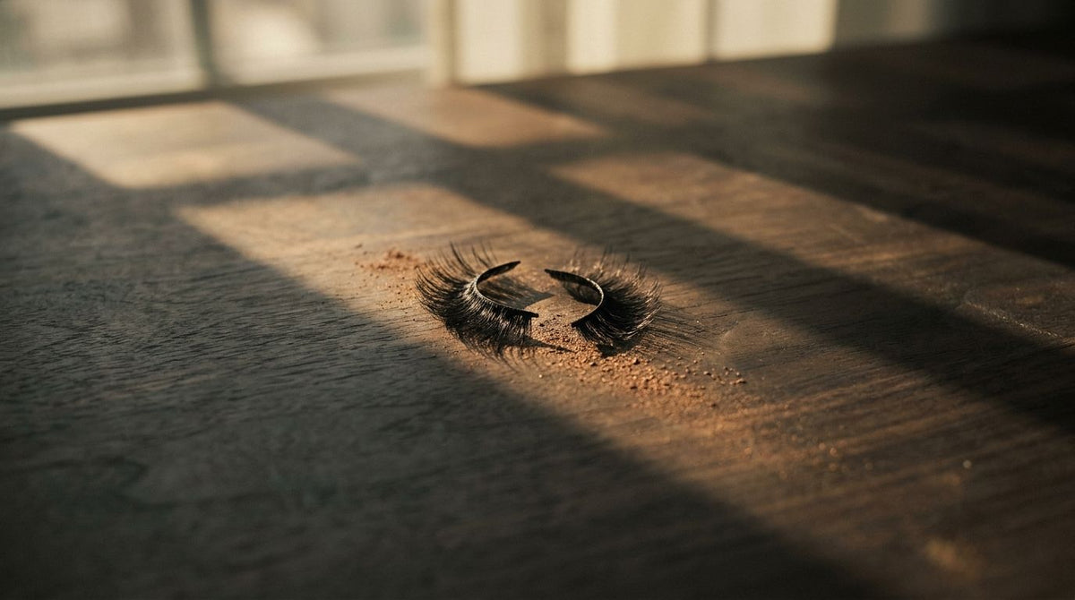 GlamD lashes, warm window light on dark wood
