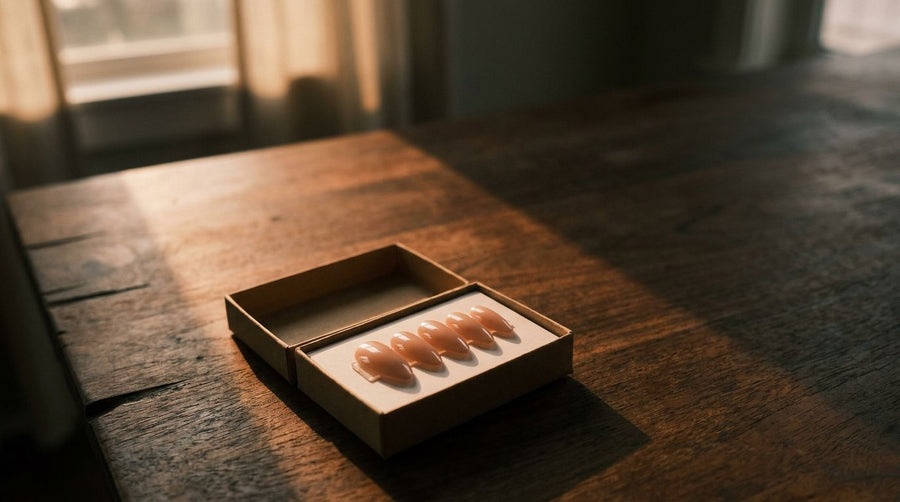 GlamD nail set fanned on wood